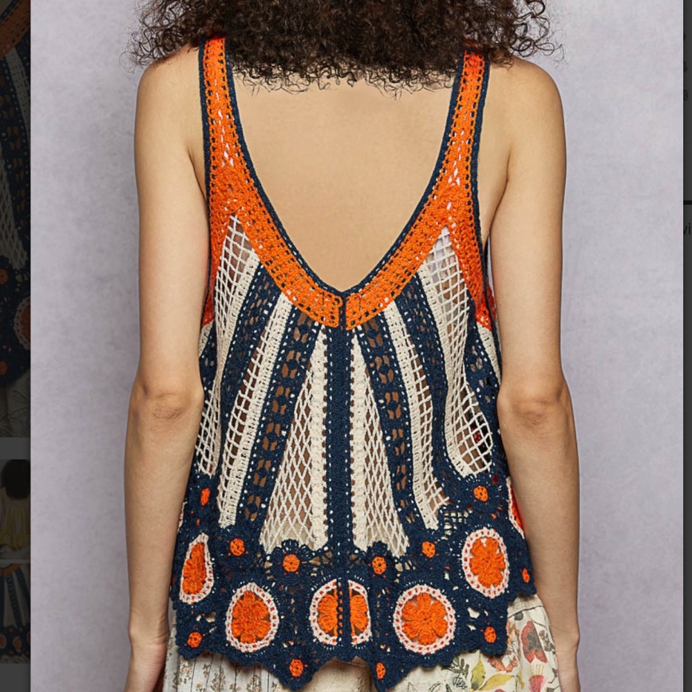 POL One Size Fits Most Crochet Tank Top in Navy, Orange, and Cream - Picture 2 of 3